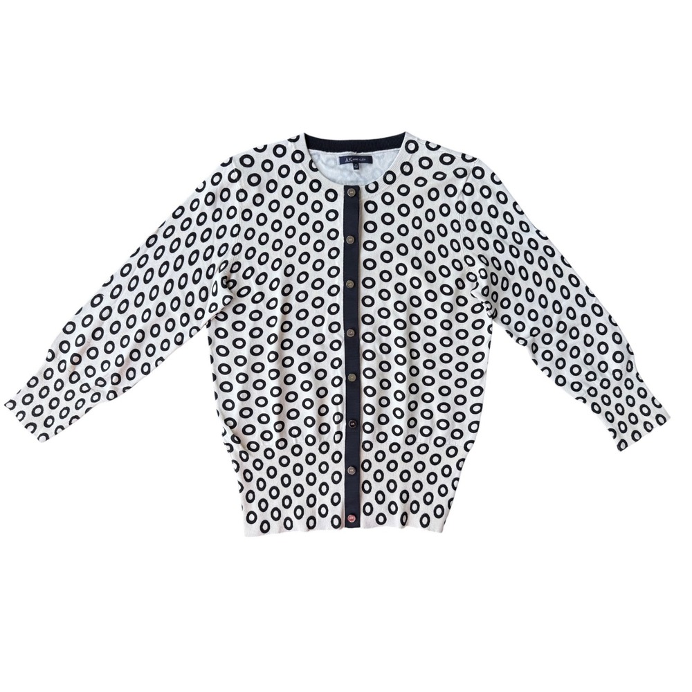 AK Anne Klein Black & White Polka Dot Button Front Cardigan Silk Sweater Size M